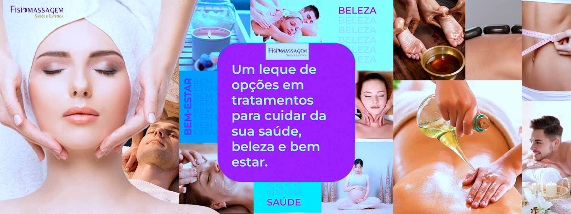 Mosaico de tratamentos de saúde e estética da Fisio Massagem, incluindo massagem facial, corporal, relaxante e para bem-estar.