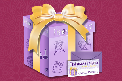 Ilustração de uma caixa de presente roxa com laço dourado, representando um vale-presente de massagem da clínica Fisio Massagem.