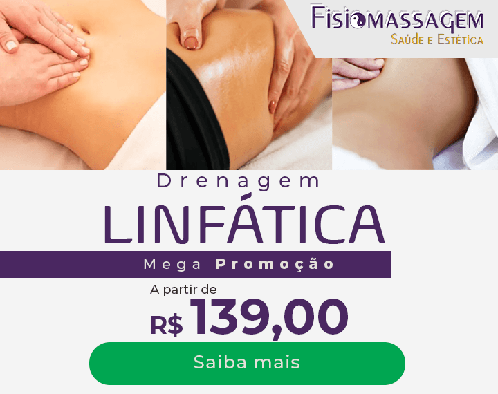 Banner da promoção de drenagem linfática na Fisio Massagem, mostrando a aplicação da técnica no abdômen e pernas.