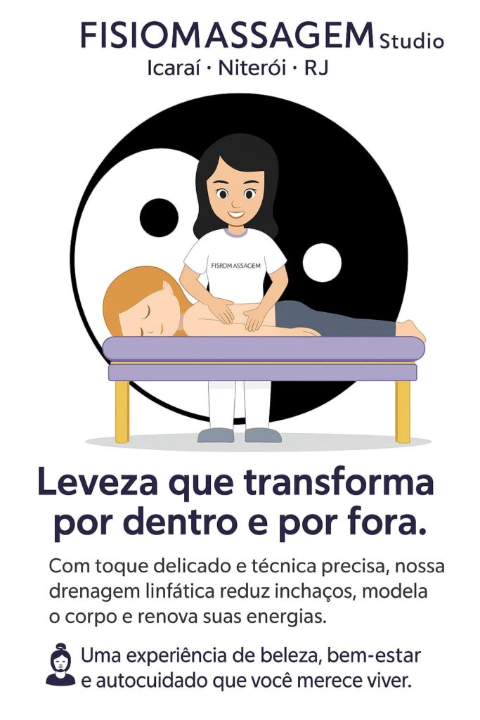 Flyer sobre Drenagem Linfática no Fisiomassagem Studio em Niterói, com ilustração de uma terapeuta aplicando a técnica.