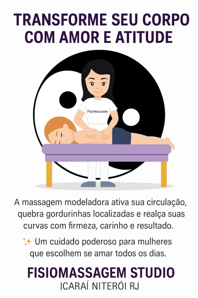 Flyer sobre Massagem Modeladora no Fisiomassagem Studio em Niterói, com ilustração de uma terapeuta aplicando a técnica.
