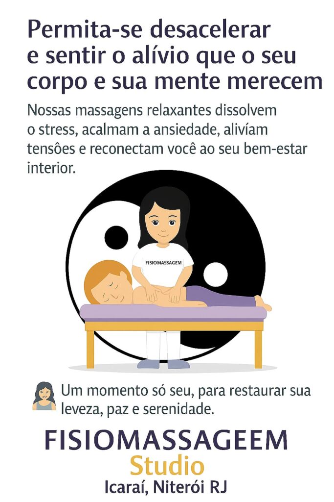 Flyer sobre massagens relaxantes no Fisiomassageem Studio em Niterói, com ilustração de uma terapeuta e um paciente relaxado.