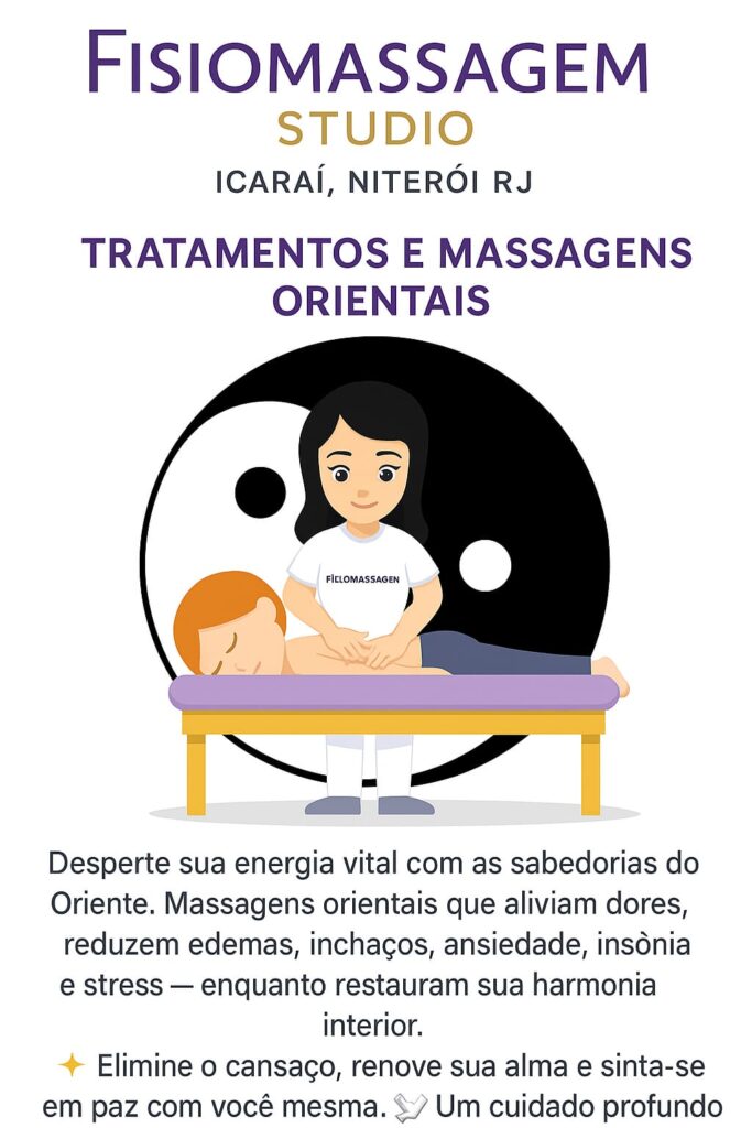 Flyer sobre Tratamentos e Massagens Orientais no Fisiomassagem Studio em Niterói, com ilustração de uma terapeuta e o símbolo do Yin-Yang.