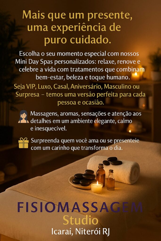 Flyer do Fisiomassagem Studio em Niterói sobre a experiência de Mini Day Spa, com uma imagem de maca preparada com pedras quentes e óleos.