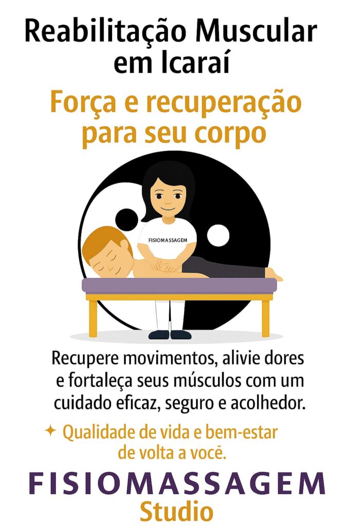 Flyer sobre Reabilitação Muscular no Fisiomassagem Studio em Icaraí, com ilustração de uma terapeuta e um paciente.