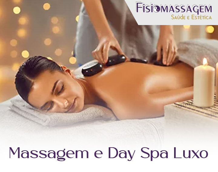 Mulher relaxando durante uma massagem com pedras quentes como parte do pacote de Day Spa Luxo da Fisio Massagem.